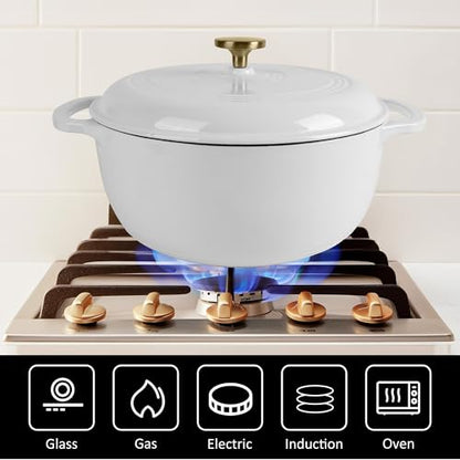 Fijxzct Premium Enameled Cast Iron Dutch Oven for Bread Baking | Non-Stick 2QT Oval Bread Oven with Lid | Perfect for Sourdough, Loaf, and Artisan Baking (Round White, 5.5 QT)