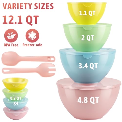 16 Piece Plastic Mixing Bowls with Lids Set - Nesting Bowls Set includes 8 Prep Bowls and 8 Lids, 2-in-1 Spoon-Fork, Large Salad Bowl for Preparing, Serving, and Storing, Dishwasher & Microwave Safe