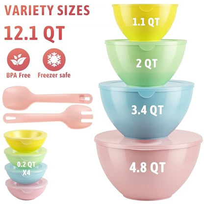 16 Piece Plastic Mixing Bowls with Lids Set - Nesting Bowls Set includes 8 Prep Bowls and 8 Lids, 2-in-1 Spoon-Fork, Large Salad Bowl for Preparing, Serving, and Storing, Dishwasher & Microwave Safe