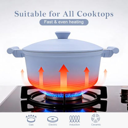 AIKENBBKK 7 Quart Lightweight Dutch Oven Pot with Lid, Ceramic Cooking Pot Nonstick, Aluminum Cookware for Stews Braising and Frying, Induction Pot for All Stoves, Stay-Cool Handle, PFOA Free, Blue