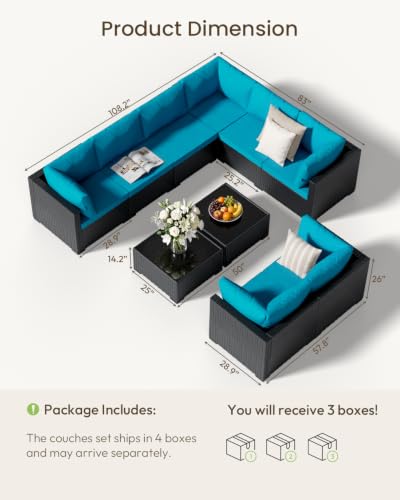 LAWNOOK Patio Furniture Set - All-Weather - 10 Piece Patio Outdoor Conversation Set, Modular Wicker Rattan Sectional Sofa for Backyard, Garden, Poolside, Balcony, Porch, Patio, Black/Peacock Blue
