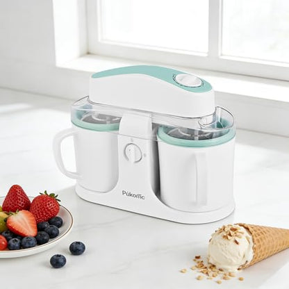 Pukomc Ice Cream Maker Machine for Home Use, with Two Ice Cream Bowls,Simple Operation and Easy to Clean,White Green