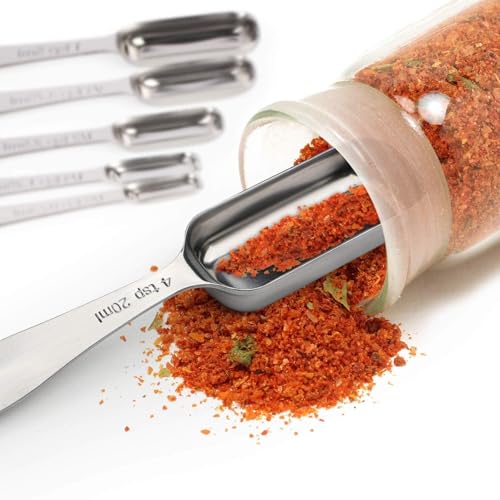 FANGSUN Narrow Measuring Spoons Set of 10, Heavy-Duty Stainless Steel Measuring Spoons with Long Handles & Engraved Measurements, Fits in Spice Jars, for Baking & Cooking