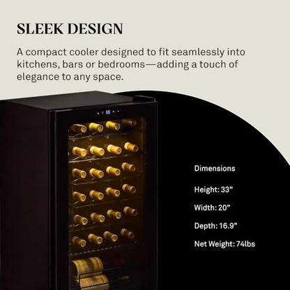 Wine Enthusiast 33-Bottle Compressor Wine Cooler w/Upright Bottle Storage - Freestanding 3.3 Cu. Ft. Wine Refrigerator, LED Digital Control Panel, Energy-Efficient Cooling of 41-64°F