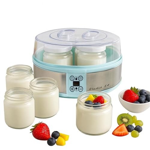 Studio 54 Yogurt Maker Machine with 7 Reusable Glass Jars (6oz Each), Probiotic Greek Yogurt Maker with Precise Time & Temperature Controls, Retro Blue Digital Yogurt Maker