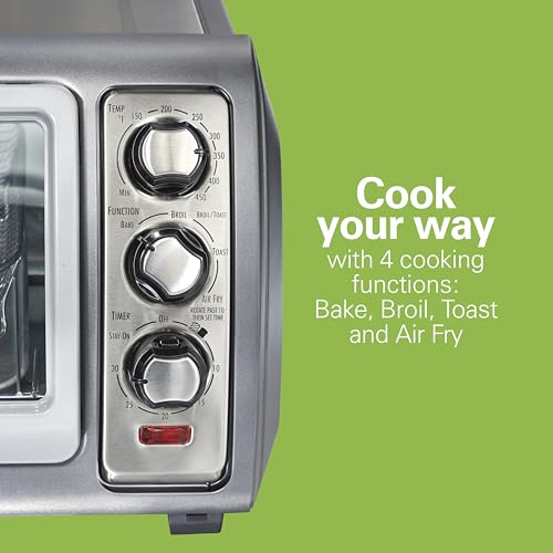 Hamilton Beach Air Fryer Toaster Oven Combo with Large Capacity, Fits 6 Slices or 12” Pizza, 4 Cooking Functions for Convection, Bake, Broil, Roll-Top Door, Easy Reach Sure-Crisp, Stainless Steel