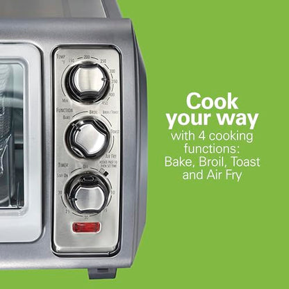 Hamilton Beach Air Fryer Toaster Oven Combo with Large Capacity, Fits 6 Slices or 12” Pizza, 4 Cooking Functions for Convection, Bake, Broil, Roll-Top Door, Easy Reach Sure-Crisp, Stainless Steel