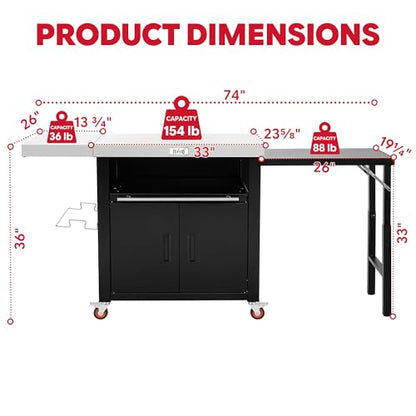 Outdoor Kitchen Island with Cabinet, Outdoor Grill Table with Stainless Steel Top for Pizza Oven& Griddles, Movable Bar Cart with Pull-Out Plate for Parties& Gathering, Heavy-Duty, L74”x W24”
