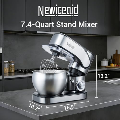 Newiceaid Stainless Steel Stand Mixer, 6-Speed Tilt-Head Mixer with 700W Powerful Motor, 7.4QT Large Capacity Bowl, Electric Kitchen Mixer with Dough Hook, Beater, Whisk for Baking & Dough Making