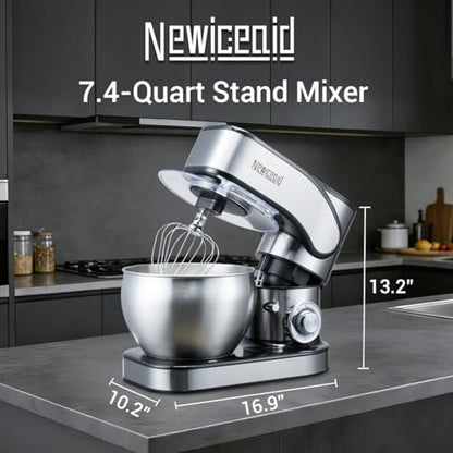 Newiceaid Stainless Steel Stand Mixer, 6-Speed Tilt-Head Mixer with 700W Powerful Motor, 7.4QT Large Capacity Bowl, Electric Kitchen Mixer with Dough Hook, Beater, Whisk for Baking & Dough Making