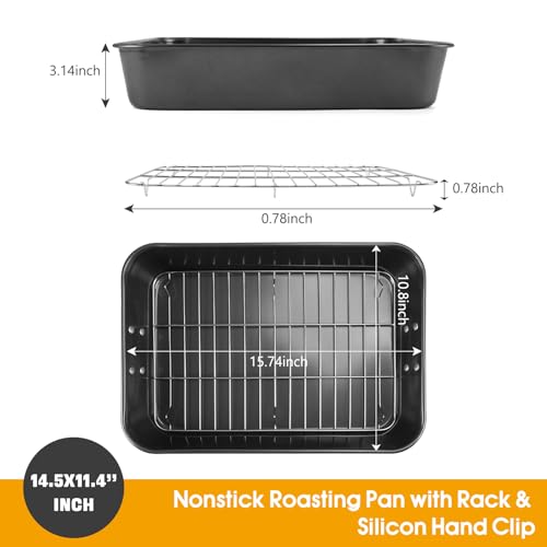 Roasting Pan with Rack, 15.75x11.02’’ Baking Pan for Oven with Rack & Silicon Hand Clip & Oilbrush, Heavy Duty Dishwasher Safe Rectangular Lasagna Pan with Handle for Turkey, Dark Grey