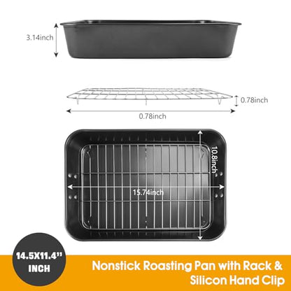 Roasting Pan with Rack, 15.75x11.02’’ Baking Pan for Oven with Rack & Silicon Hand Clip & Oilbrush, Heavy Duty Dishwasher Safe Rectangular Lasagna Pan with Handle for Turkey, Dark Grey