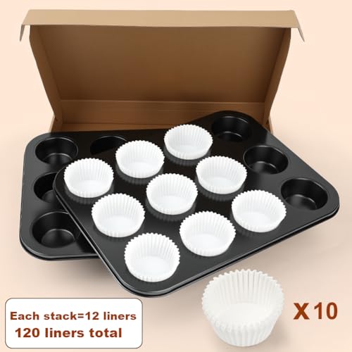 Smile Tree Muffin Pan & Cupcake Pan, 2 Pack 12-Cup Muffin Tin for Baking with 120 Cupcake Liners, Nonstick Heavy Duty Carbon Steel Cupcake Tins, Scratch Resistant Baking Pans Set for Family & Party