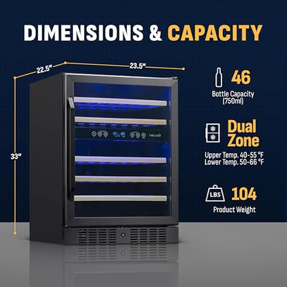NewAir 24" Dual Zone Wine Fridge for 46 Bottles | Built-In or Freestanding Wine Cooler Refrigerator with Glass Door | Quiet Cooling & Adjustable Shelves for Red and White Wine | Black Stainless Steel