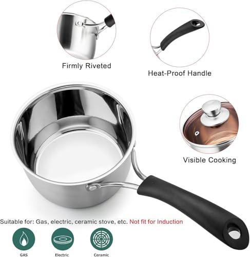 TeamFar Saucepan with Lid, 2 qt Sauce Cooking Pot Milk Pan Stainless Steel, Professional with Long Heatproof Handle for Home Kitchen Restaurant, Healthy & Non Toxic, Multi-use & Dishwasher Safe
