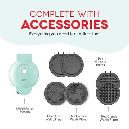 Dash MultiMaker® Mini System - Compact Waffle Maker for Family Breakfasts - Removable Griddle Plates & nonstick surface - 6 Plates - Aqua