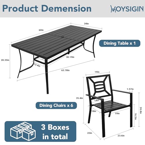 7 Piece Patio Dining Set 60" Rectangular Metal Table & 6 Stackable Chairs