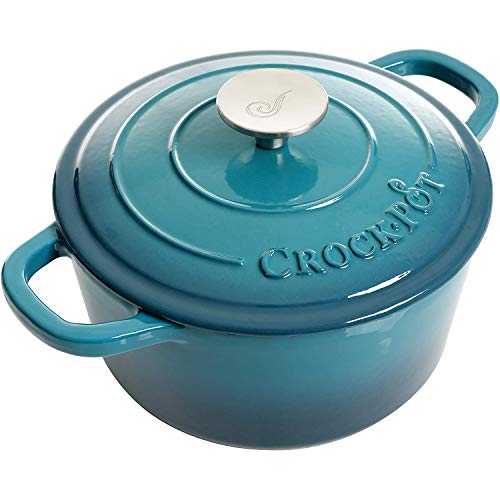 Crock-Pot Artisan 3-Quart Round Enameled Cast Iron Dutch Oven – Gradient Teal, Durable Heavy-Duty Cookware for Slow Cooking, Roasting, Baking with Lid