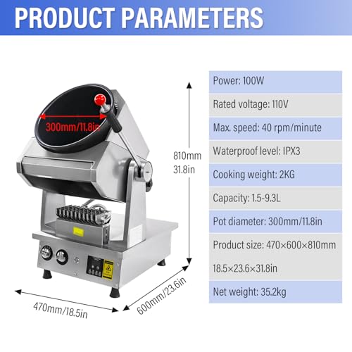Automatic Stir Fry Machine Countertop Cooker with Water Spray & Drum Design – Natural Gas Powered Smart 360° Cooking Machine Capacity 1.5L-9.3L,110V 100W