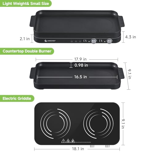 AMZCHEF Double Induction Cooktop with Removable Griddle Pan Non-stick, 1800W 2 burner Portable Induction Stove With Sensor Touch 9 Power Levels, 99 Min Timer, Black