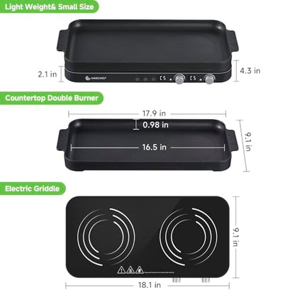 AMZCHEF Double Induction Cooktop with Removable Griddle Pan Non-stick, 1800W 2 burner Portable Induction Stove With Sensor Touch 9 Power Levels, 99 Min Timer, Black