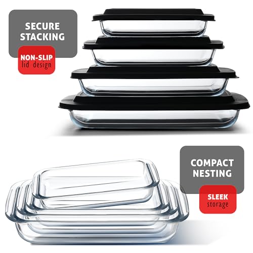 EATEX 8-Piece Deep Glass Casserole Dishes for Oven with Plastic Lids, Glass Baking Dishes for Oven, Rectangular Bakeware for Lasagna, Cooking, Leftovers, Kitchen, Freezer to Oven Dishwasher Safe