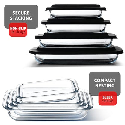 EATEX 8-Piece Deep Glass Casserole Dishes for Oven with Plastic Lids, Glass Baking Dishes for Oven, Rectangular Bakeware for Lasagna, Cooking, Leftovers, Kitchen, Freezer to Oven Dishwasher Safe