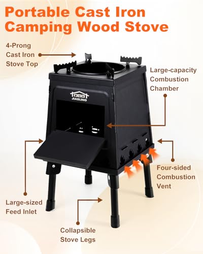 GVUHR Portable Wood Burning Stove - Lightweight Cast Iron Camp Stove for Backpacking，A Small Size 8.9in * 8.9in * 8.7in Backpacking Camping Stove Kit (Black, Small)