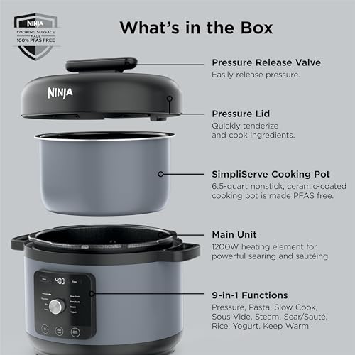 Ninja HyperHeat 9-in-1 Electric Pressure Cooker | 6.5 Qt Multi Cooker with Sear/Sauté, Slow Cooker, Rice Cooker, Sous Vide | 1200W | Fast Cooking, PFAS-Free Pot | Stone Purple | PC201SP