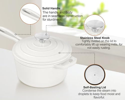 TeamFar 1QT Enameled Cast Iron Sauce Pan, Small Sauce Pot with Lid, Mini Dutch Oven Saucepan for Cooking/Simmering/Baking/Boiling, Sturdy & Nonstick, Oven Safe & Fit for Induction- White