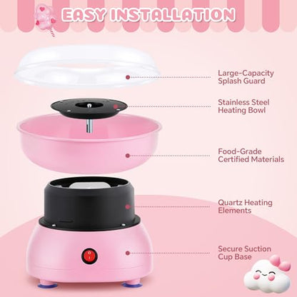 Cotton Candy Machine for Kids & Family, Mini Pink Vintage Cotton Candy Maker with 40 Sticks & Sugar Scoop, Ideal for Birthday Christmas Party Gifts