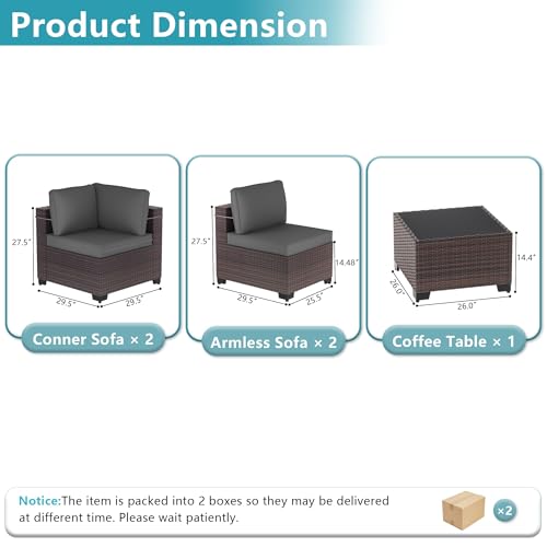 ALAULM 5 Pieces Patio Furniture Set Wicker Patio Conversation Set, Outdoor Sectional Furniture w/Coffee Table & Washable Seat Cushions-Grey