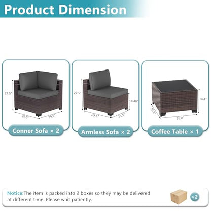ALAULM 5 Pieces Patio Furniture Set Wicker Patio Conversation Set, Outdoor Sectional Furniture w/Coffee Table & Washable Seat Cushions-Grey