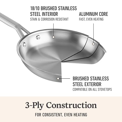Calphalon Brushed 3-Ply Stainless Steel Cookware Set w/Turbo Heat Tech 3Qt Sauté Pan with Lid, Induction, Oven Safe 450F, Brushed Stainless Silver