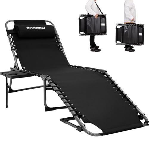 FUNDANGO Chaise Lounge Chair Outdoor, 5-Position Folding Tanning Chair with Detachable Side Table & Pillow, 180° Lay Flat Portable Beach, Heavy Duty U-Frame for Patio, Pool, Lawn, 265lbs (Black)