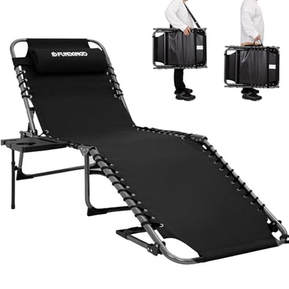 FUNDANGO Chaise Lounge Chair Outdoor, 5-Position Folding Tanning Chair with Detachable Side Table & Pillow, 180° Lay Flat Portable Beach, Heavy Duty U-Frame for Patio, Pool, Lawn, 265lbs (Black)