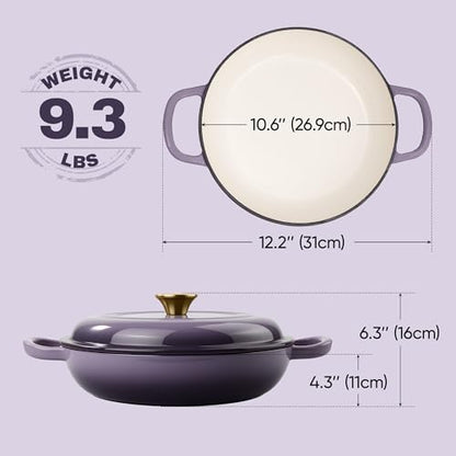 Vintage Style 3 Quart Enameled Cast Iron Braiser, Non Stick Enameled Cast Iron Skillet with Lid, Dutch Oven Skillet with lid up to 500°F for Oven, Stove, Grill, Shallow Dutch Oven for Cook, Bake (Purple)