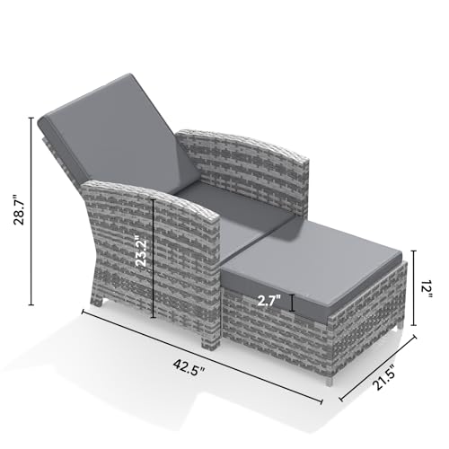 DECMICO 3-Piece Outdoor Wicker Chaise Lounge Set, Infinite Position Adjustable Backrest, Removable Cushion & Glass Side Table – Perfect for Yard, Garden, Backyard