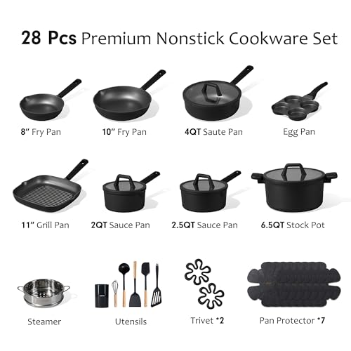 CAROTE 28PCS Pots and Pans Set, Nonstick Cookware Set Kitchen Non Stick Induction Titanium Cookware Non-toxic Granite Cooking set, PFOA Free, Black