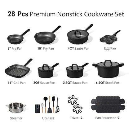 CAROTE 28PCS Pots and Pans Set, Nonstick Cookware Set Kitchen Non Stick Induction Titanium Cookware Non-toxic Granite Cooking set, PFOA Free, Black
