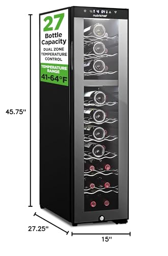 NutriChef 27 Bottle Wine Fridge | Dual Zone Wine Chiller | Adjustable Temperature 41°F to 64°F | Ultra Quiet Operation | Wine Cooler For Home, & Office | Free Standing 43x11x23 IN | Black
