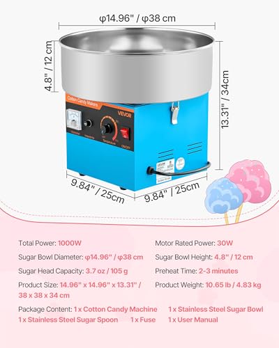 VEVOR Cotton Candy Machine Commercial, 1000W Electric Candy Floss Maker, Easy Use with 15 inch Stainless Steel Bowl and Sugar Scoop, Makes Hard Candy for Home Kids Birthday, Family Party, Blue