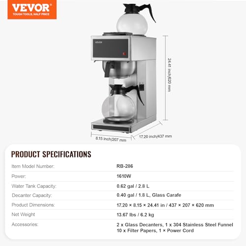 VEVOR Commercial Drip Coffee Maker, 12 Cups Coffee-Maker Machine with 2 Glass Carafes and 2 Decanter Warmer Plates, Stainless Steel Drip Style Coffee Brewer, for Restaurant, Office, Coffee Shop & Home
