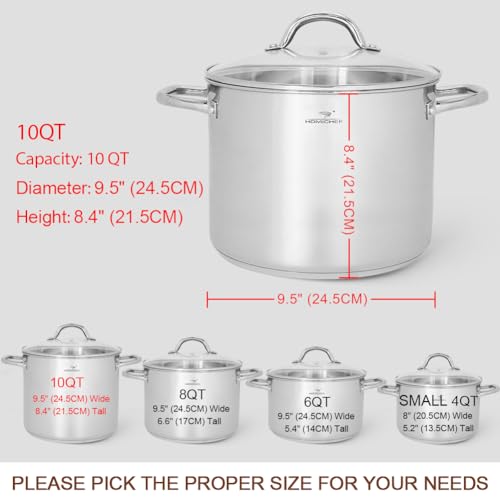 HOMICHEF 10 Quart Stock Pot With Glass Lid - Nickel Free Stainless Steel 10 Qt Pots With Handle - Mirror Polished StockPot 10 Quart - Induction Cooking Pots With Lid - Healthy Soup Pot