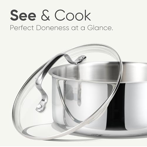 CAROTE 1.5Qt Stainless Steel Saucepan, Non-Toxic 3-Ply Stainless Steel Cookware Set with Lids, Small Kitchen Pots, Oven Safe, Compatible with Induction, Ceramic, Gas