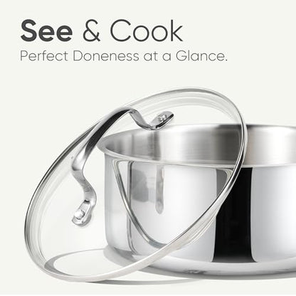 CAROTE 1.5Qt Stainless Steel Saucepan, Non-Toxic 3-Ply Stainless Steel Cookware Set with Lids, Small Kitchen Pots, Oven Safe, Compatible with Induction, Ceramic, Gas