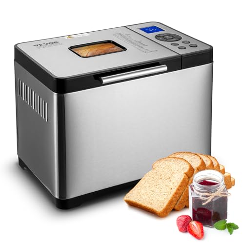 VEVOR Bread Maker, 19-in-1 2LB Dough Machine, Nonstick Ceramic Pan Automatic Breadmaker with Gluten Free Setting, Whole Wheat Bread Making, Digital, Programmable, 3 Loaf Sizes, 3 Crust Colors