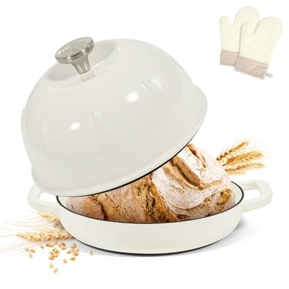 Davivy 5QT Dutch Oven for Sourdough Bread, Enamel Cast Iron Bread Pan, Round Sourdough Pan Bread Dutch Oven Bread Cloche with Slicone Oven Mitts - White