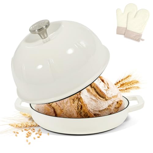 Davivy 5QT Dutch Oven for Sourdough Bread, Enamel Cast Iron Bread Pan, Round Sourdough Pan Bread Dutch Oven Bread Cloche with Slicone Oven Mitts - White