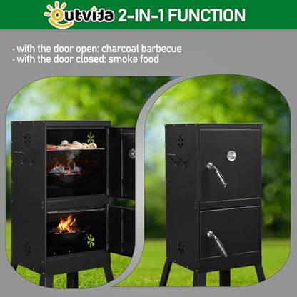 ROVSUN 2-in-1 Outdoor Smoker with Double Doors, Vertical Portable Charcoal Grill with Two Detachable Grill Smoking Racks and Charcoal Pan, Perfect for Camping Barbecue, Black